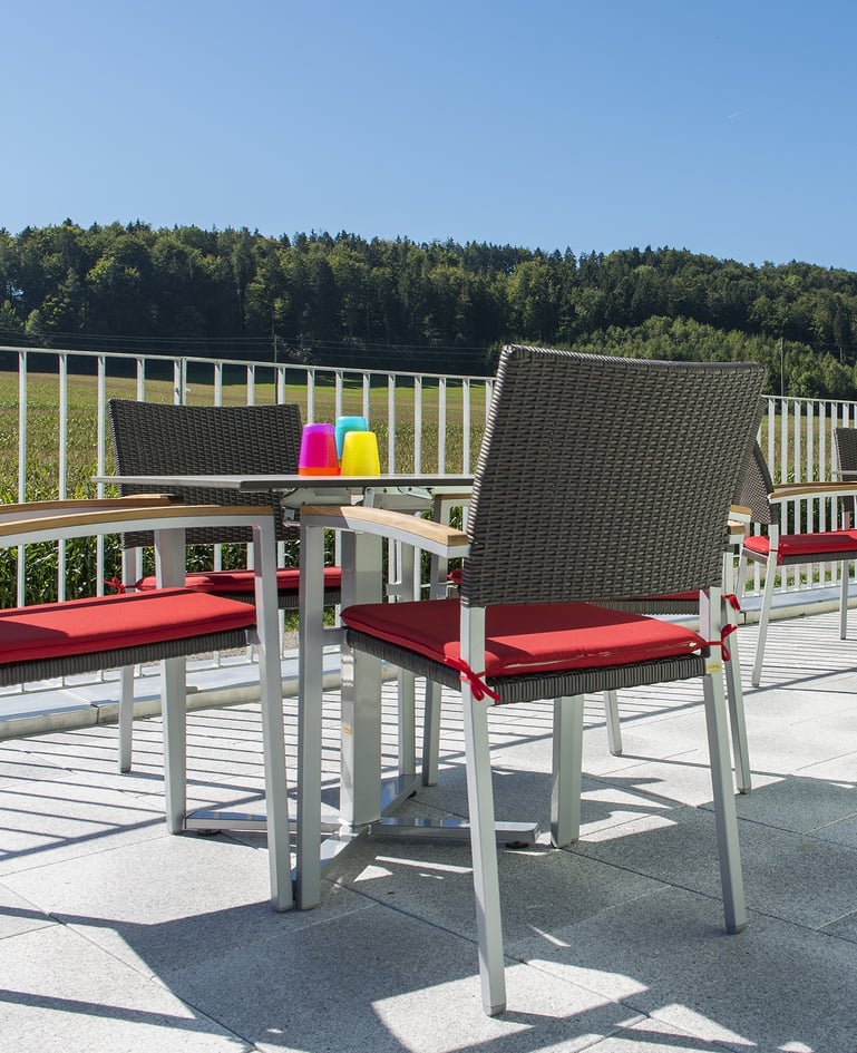 Frontalansicht auf Tisch und vier passende Stühle auf Terrasse mit Blick in die Natur