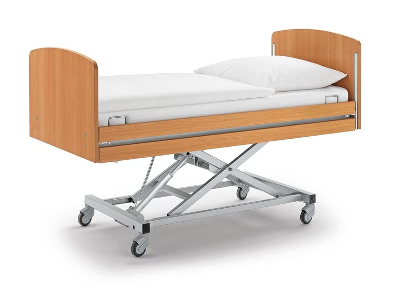 Höhenverstellbares Pflegebett Modell movita 2-d auf Rollen mit Matraze.